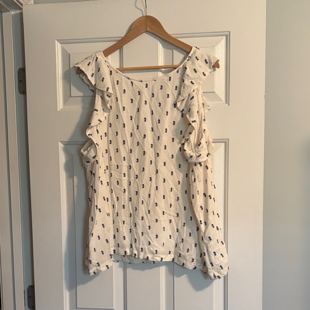 LOFT Cream and Blue Ruffle Sleeve Blouse